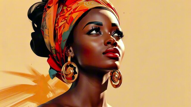 Digital painting of an elegant afro american woman wearing a vibrant patterned headwrap and golden earrings against a warm-toned background. Concept of cultural heritage and beauty