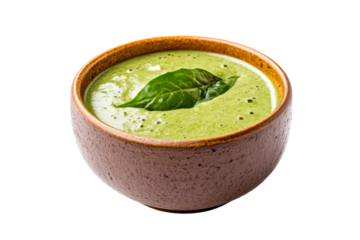 Creamy Green Soup in rustic Bowl, leaf garnish, smooth texture, cut out transparent