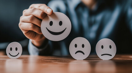 A close-up of a hand holding up a happy face cutout. 