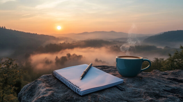 A notebook and pen on the edge of a cliff outdoors, overlooking misty mountains at sunrise, with a cup of coffee in hand. 