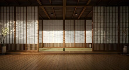 Fototapeta premium A tranquil Zen-inspired space with rice paper screens casting intricate shadows on smooth wooden flooring, AI Generated