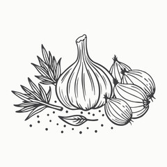 Black silhouette Garlic isolated on a white background. Seven isolated vector illustrations with fill and outline. Botanical technique.