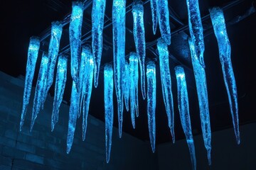Neon blue icicles hanging from a dark ceiling