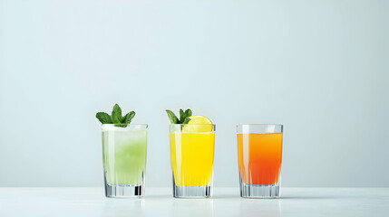 Fototapeta premium Three Colorful Iced Cocktails On White Surface