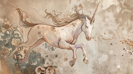 Elegant white unicorn with flowing mane galloping across golden floral textured background with vintage aesthetic