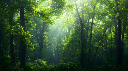 Obraz premium Sunlight Streams Through Lush Green Forest