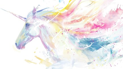 Watercolor unicorn portrait with colorful splashes and flowing mane on white background