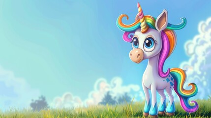 Fototapeta premium Cute cartoon unicorn with rainbow mane standing in sunny meadow against blue sky background