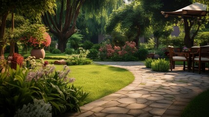 A photo of a landscaped backyard with a well-maintain