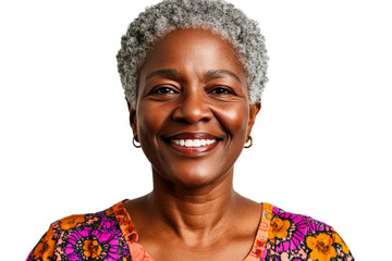 Mature Black woman smiles warmly, cut out transparent
