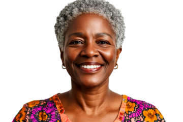 Mature Black woman smiles warmly, cut out transparent