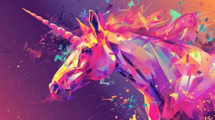 Colorful geometric unicorn portrait in vibrant neon colors on dark blue background with abstract polygonal style