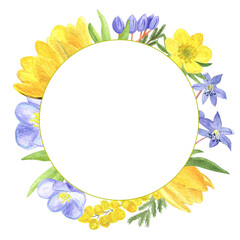 Watercolor spring first flowers, hand-drawn illustration, round frame of flowers