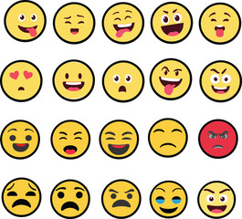 Mixed emoji vector icon set. Colorful emoticons with happy, smiley, sad, angry and love reactions. Social media icons pack