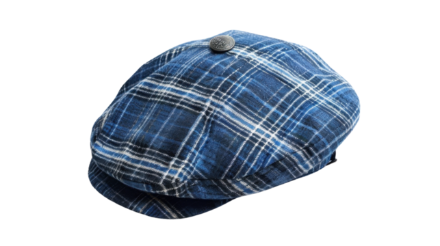 Blue checkered flat cap isolated on transparent background