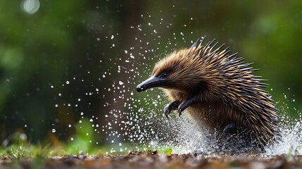 Echidna shaking off raindrops mid motion droplets suspended in the air frozen by a high speed shutter The interplay of water light and sharp quills creates a dramatic and energetic wildlife moment
