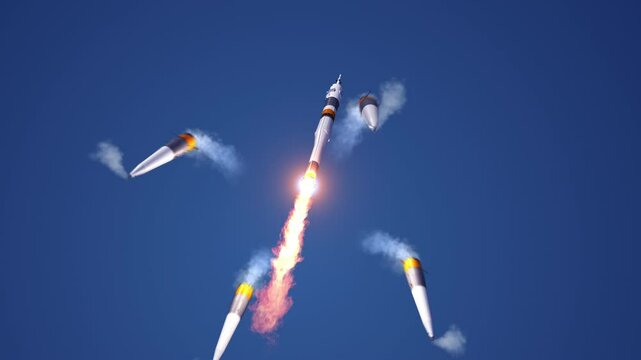 Separation of four first stage boosters of a launch vehicle taking off. 3D animation. 4k.