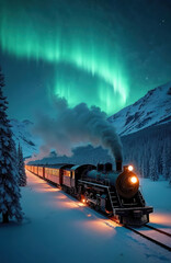 Majestic Northern Lights illuminate snowy train journey through winter forest. Steam locomotive travels through snow covered landscape. Adventure travel experience in cold arctic environment.