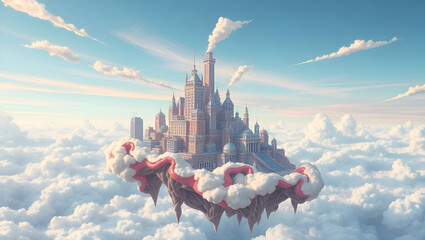 Floating metropolis towers above the clouds, with ornate domes and spires, connected to misty skies in a dreamlike world