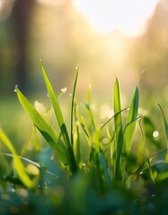 A macro shot of a sprouting grass blade glistening in the sunlight. The delicate green leaves stand out against a softly blurred background, capturing the fresh atmosphere of spring.