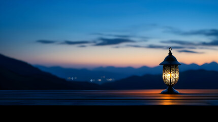 Obraz premium Illuminated Lantern on Wooden Table at Mountain Sunset View