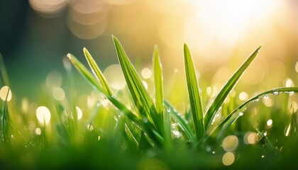 A macro shot of a sprouting grass blade glistening in the sunlight. The delicate green leaves stand out against a softly blurred background, capturing the fresh atmosphere of spring.