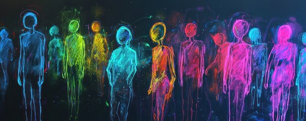 Neon chalk outlines figures on a blackboard