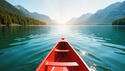 Fototapeta premium Canoeing on tranquil lake under summer sun, peaceful adventure