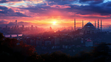Naklejka premium Colorful Sunset Over Istanbul Cityscape