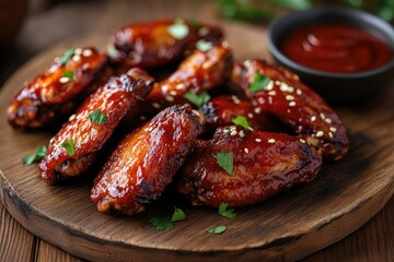 Delicious glazed chicken wings with sesame seeds and parsley on wooden board.