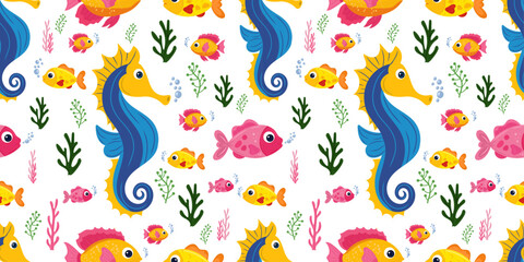 Vibrant ocean pattern with seahorses, tropical fish, seaweed on white isolated background. Vector ocean animals in exotic marine world concept. For prints, postcards, sea stories characters.