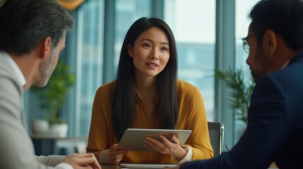 Diverse business team in a modern office, engaged in a productive meeting with data presentation on a tablet, collaborative and professional atmosphere