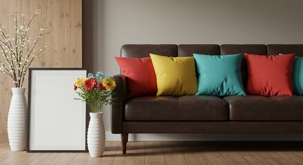 Modern Living Room Interior Design Brown Leather Sofa with Colorful Pillows and Spring Flowers