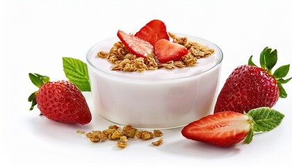yogurt with granola and strawberries on white