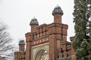 Chernivtsi National University gate in winter, Ukraine.