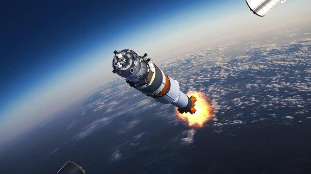 Separation of the payload fairing of a launch vehicle. 3D animation. 4k.