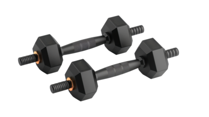 Two black dumbbells isolated on transparent background for fitness training
