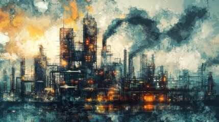 Obraz premium An Industrial Complex Emitting Pollution With Smokestacks And Lights