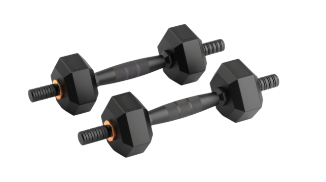 Two black dumbbells isolated on transparent background for fitness training