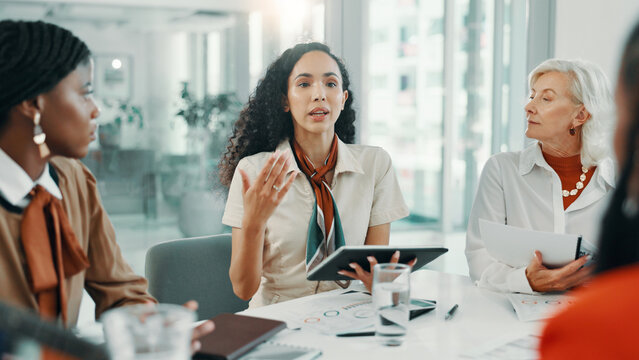 Meeting, schedule and tablet with business women in boardroom of office for planning or strategy. Agenda, collaboration and report with employee team in workplace for discussion or information review