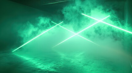 Neon green laser beams in a smoky dark room