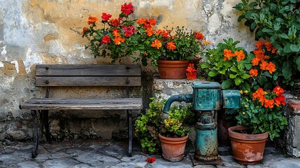 Rustic outdoor seating area with colorful flowers and a vintage pump.  A weathered wooden bench sits beside a cluster of potted plants bursting with vibrant orange and red flowers