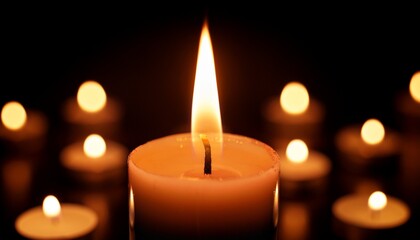 candle burning with a beautiful large flame other candles defocused in the dark background smooth motion