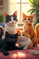 Illustration of a group of fat cats sitting on a sofa at home