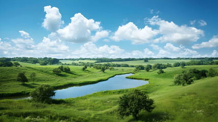 Fototapeta premium Panoramic View Of Lush Green Fields And A River Under A Sunny Sky