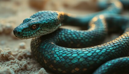 Obraz premium A fossilized relic of an ancient serpent's skin, worn smooth by desert sands, showcasing iridescent scales in shades of emerald green and midnight black.