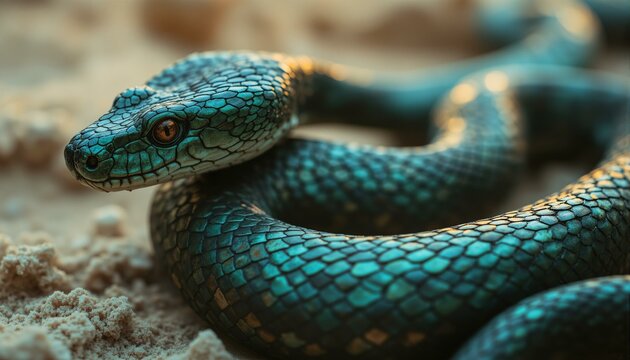 A fossilized relic of an ancient serpent's skin, worn smooth by desert sands, showcasing iridescent scales in shades of emerald green and midnight black.