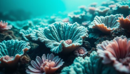 Obraz premium Undulating coral reef texture with organic ridges, sea fans, anemones, turquoise, emerald green, ocean currents.