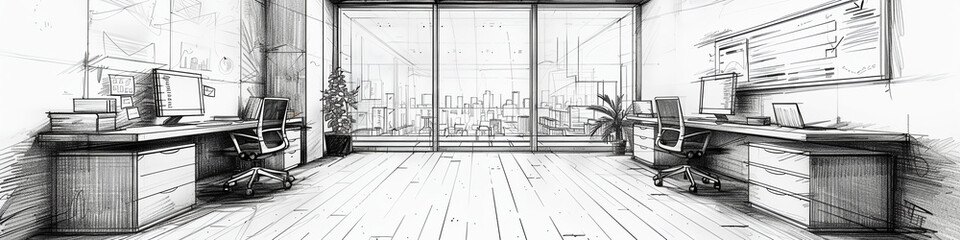 Sketch of Modern Office Interior with City View and Workspace