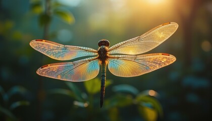 A close-up shot of a dragonfly's wings, showcasing their intricate patterns and colors amidst lush green foliage.